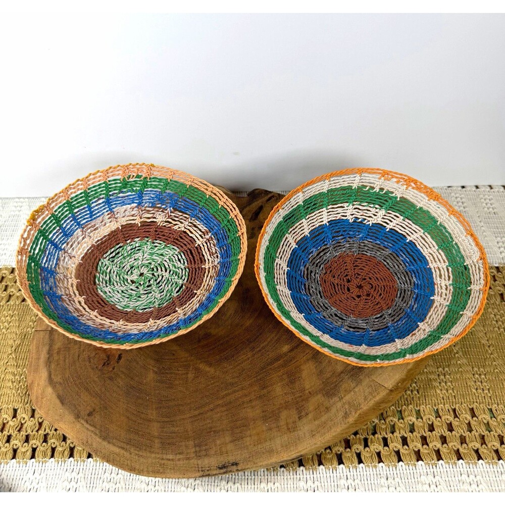 Lot of 2 Handwoven Zulu Telephone Wire Baskets South African Folk Art Bowls